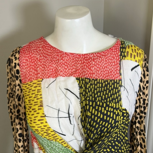 Anthropologie BInk Leopard Patchwork Blouse Wrap Top Tie Closure Shirt Sz XS - Picture 5 of 11